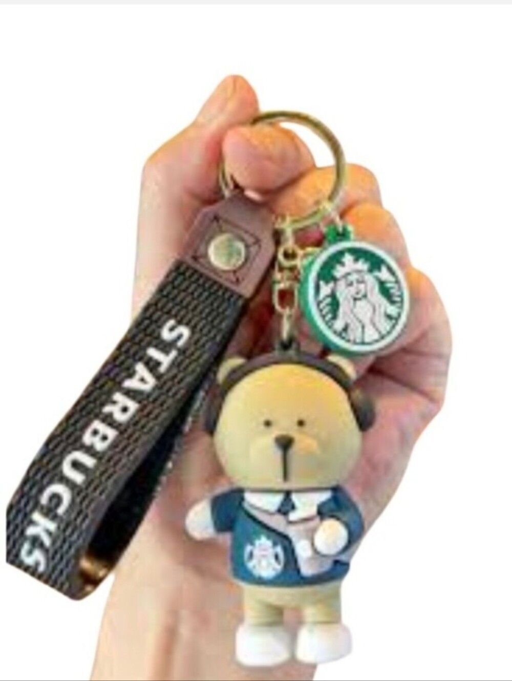 Starbucks Bear Keychain with Black Strap - Cute Green Logo Charm